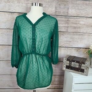 Mossimo Sheer Forest Green Swiss Dot Tunic Top Women's Small S Cinched Waist EUC
